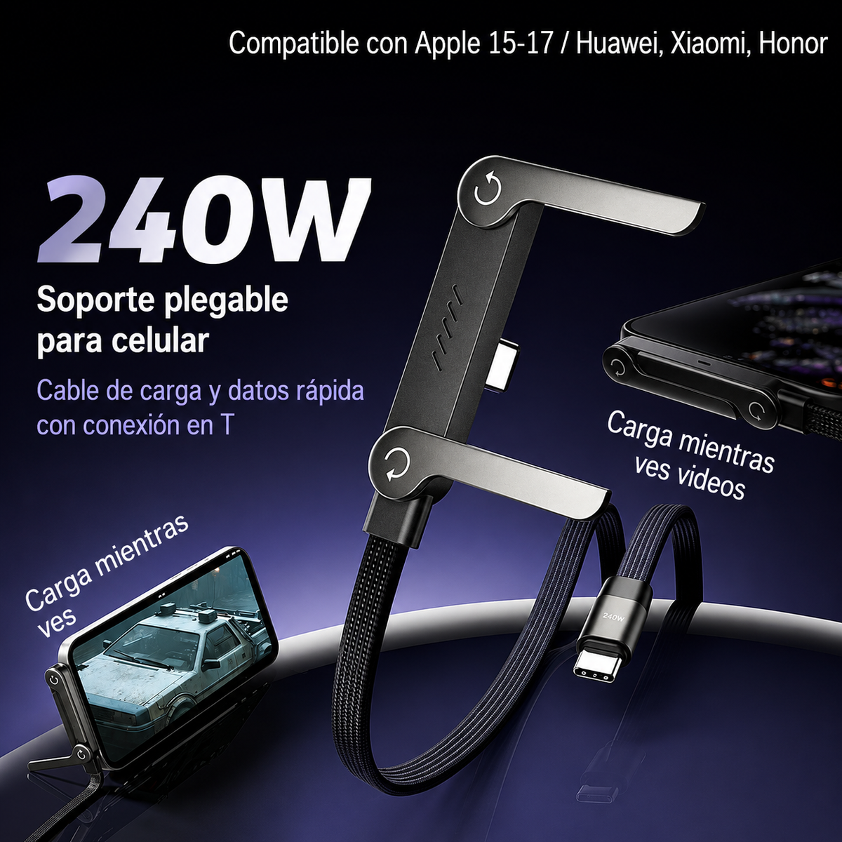 Cable Tipo C a Tipo C 240W con Soporte Plegable | Carga Ultra Rápida