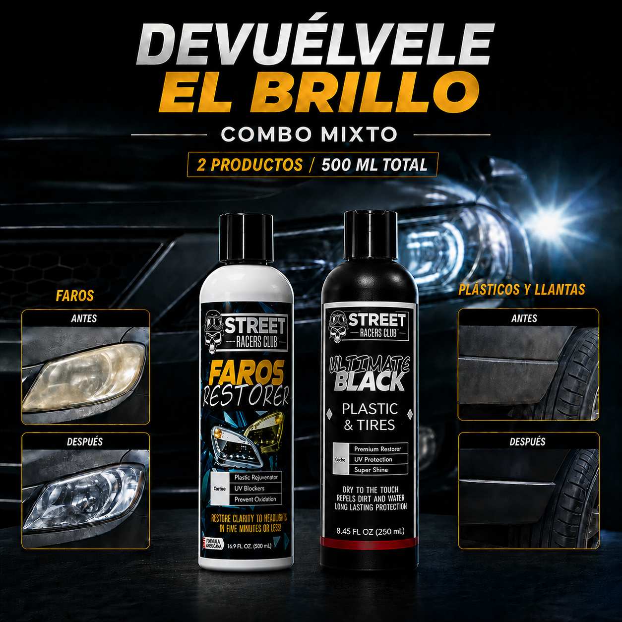 Restaurador de partes Negras y Restaurador de faros Total 500ml