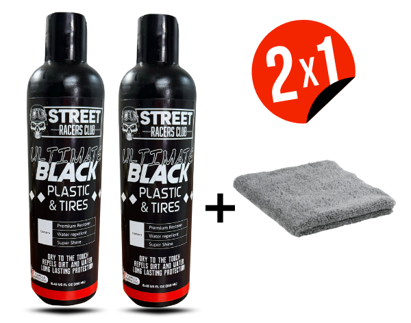 2X1 Ultimate Black, Restaurador de Partes Negras Total 500ml + Microfibra