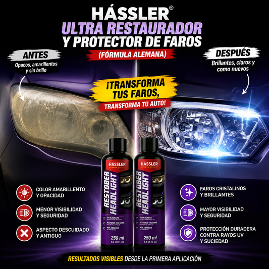 HÁSSLER® restaura faros opacos y amarillentos, protege contra rayos UV y mejora la visibilidad. ¡Aprovecha la promoción 2x1!