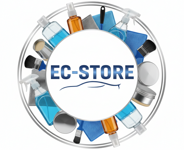 That it has a white and transparent background, with car cleaning and care products, and in the center it says EC-STORE