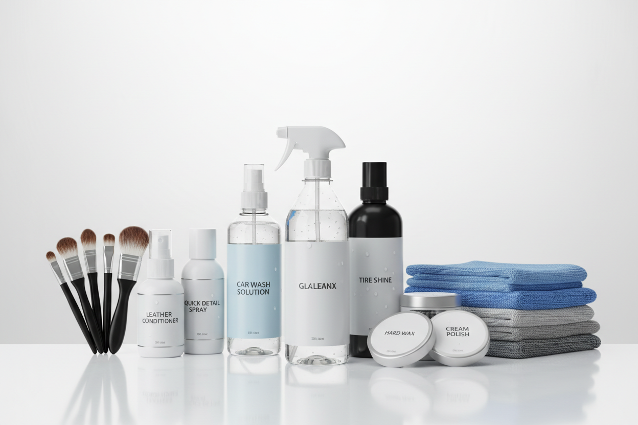 That it has a white and transparent background, with car cleaning and care products